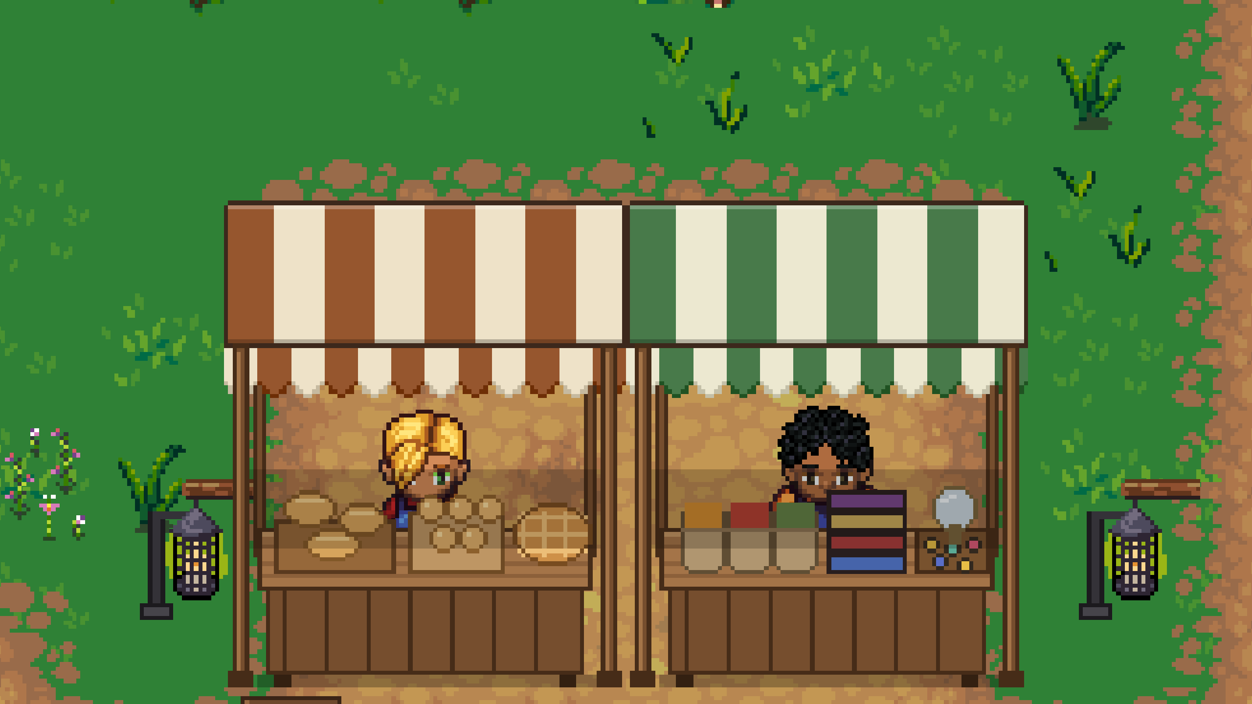 Two pixel-art market stalls with striped canopies: a baker behind loaves and a merchant behind spices and cloth